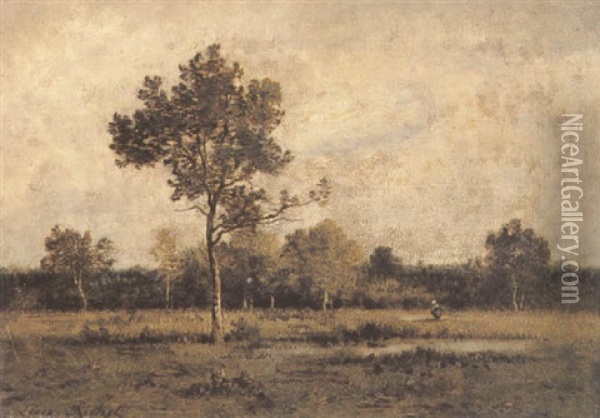 Figure Before A Pond In A Wooded Landscape Oil Painting - Leon Richet