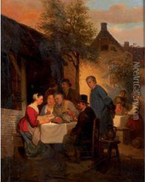 Conversations At An Outdoor Tavern Oil Painting - Ferdinand de Braekeleer