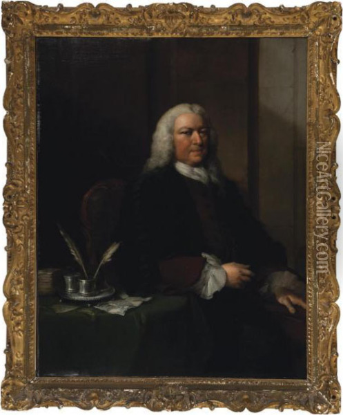 Portrait Of An Academic, 
Three-quarter Length, In A Brown Coat And Academic Gown, Leaning On A 
Table Oil Painting - Thomas Frye