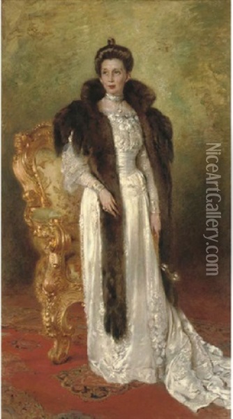 Portrait Of A Lady In A White Dress And Fur Stole Oil Painting - Konstantin Egorovich Makovsky