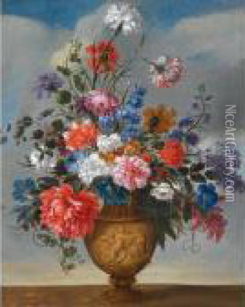 Still Life Of Various Flowers In A Bronze Vase Oil Painting - Jean-Baptiste Monnoyer