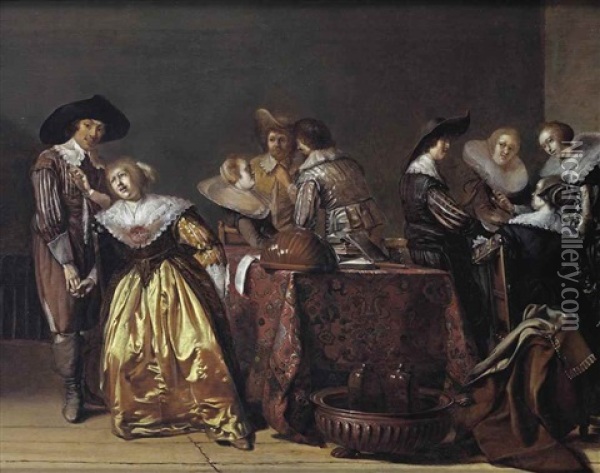 A Merry Company Conversing In An Interior, A Lute, A Flute And Books On A Draped Table Oil Painting - Pieter Jacobs Codde