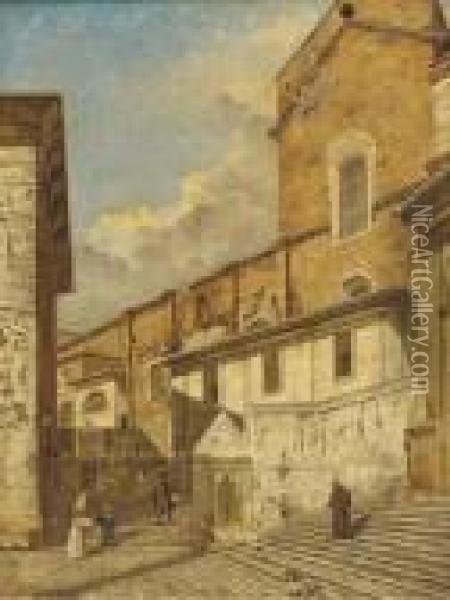 A Church Exterior With A Franciscan Monk And Other Figures Oil Painting - (Giovanni Antonio Canal) Canaletto