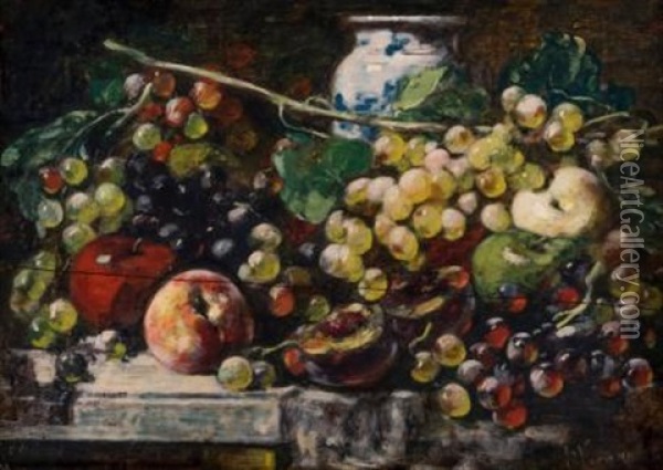 Vase Et Fruits D'ete Sur Un Entablement Oil Painting - Francois Vernay