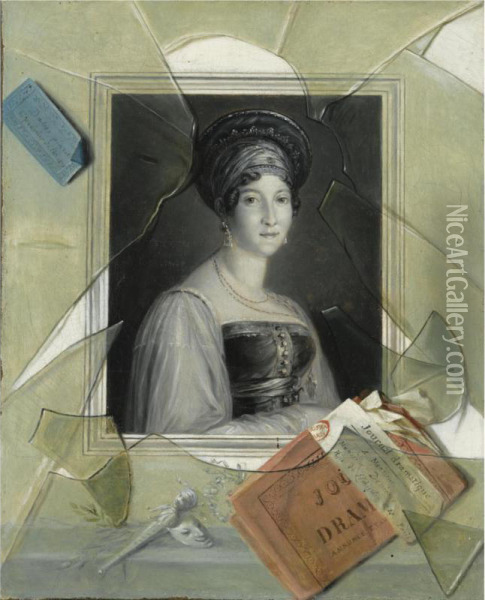 A Lithograph Portrait Of A Woman With A Playbill Behind Broken Glass Oil Painting - Laurent Dabos
