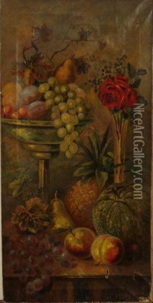 A Still Life Of Fruit On A Stone Ledge With A Vase Of Redroses Oil Painting - Henry Church