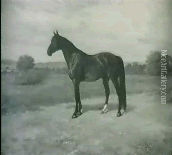 Chestnut Horse In Landscape Oil Painting - Gustav Muss-Arnolt