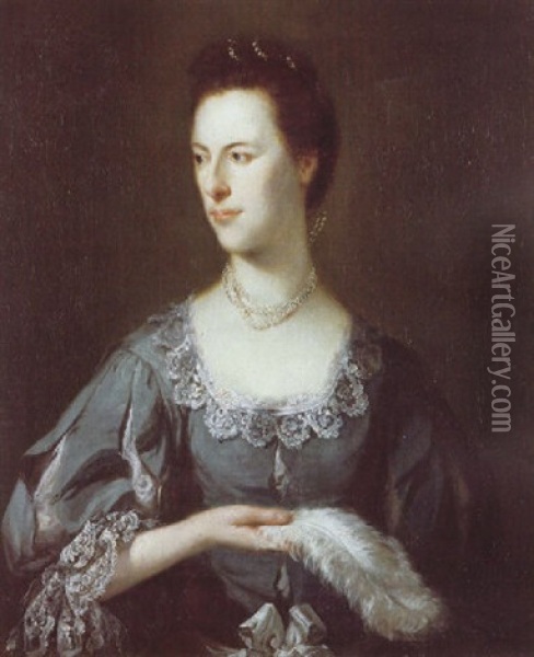 Portrait Of Lady Holt In Pearls, Wearing A Blue Dress With Slashed Sleeves And Bodice And Holding An Ostrich Feather Oil Painting - Tilly Kettle