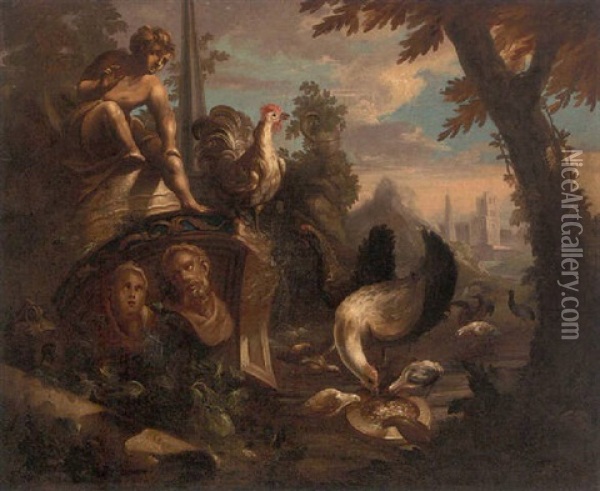 Poultry And Other Birds Feeding Amongst Classical Ruins Oil Painting - Nicola Casissa