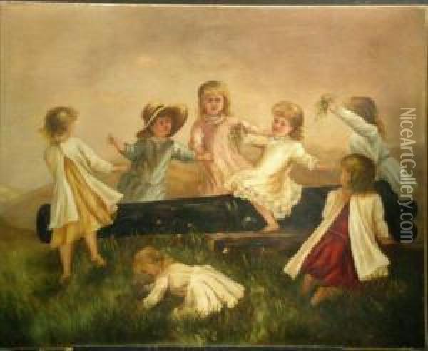 Children Playing On A Cannon Oil Painting - Wood