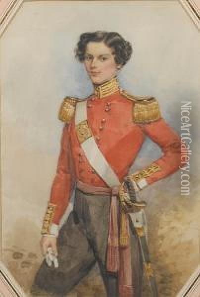 An Officer Of The 96th Regiment 
Of Foot,wearing Double-breasted Red Coatee With Gold Epaulettes And 
Collar,white Cuffs, Black Breeches, Crimson Sash Tied At His Waist, 
Whitecross Belt, The Belt Plate Bearing Oil Painting - Francois Theodore Rochard