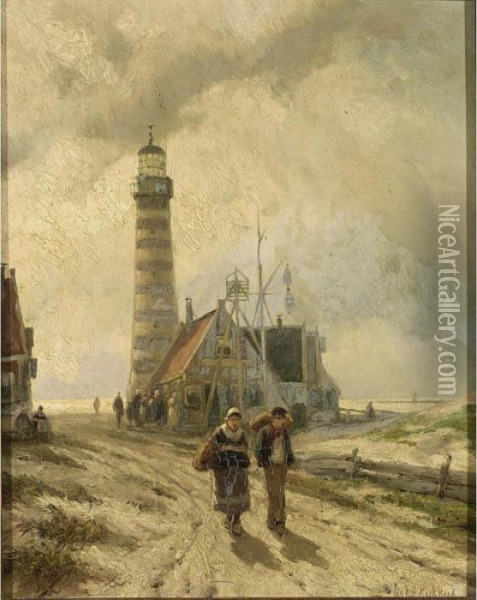 Fishermen On The Beach Near The Lighthouse, Ijmuiden Oil Painting - Johannes Hermann Barend Koekkoek