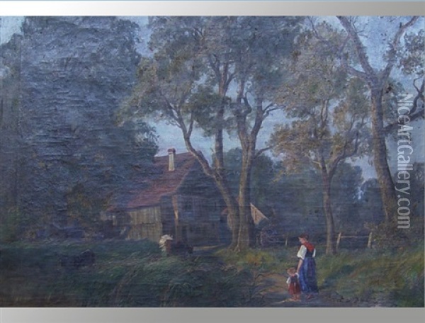 Bauernhof Mit Figurenstaffage Und Kuhen Oil Painting - Anna Elisabeth Kelly