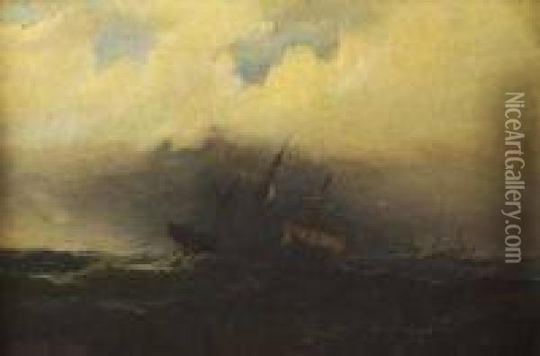 Ships On Stormy Sea Oil Painting - James Hamilton