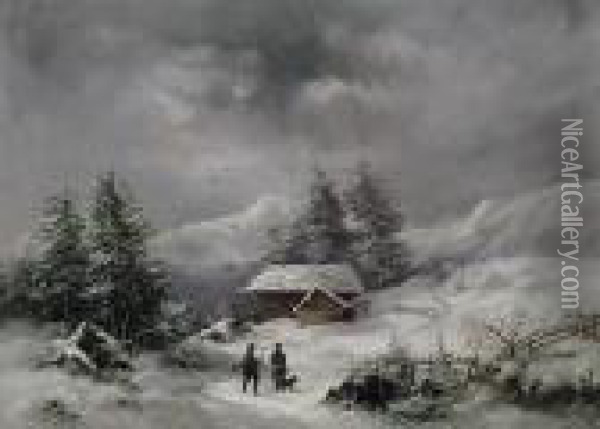 Winterliche Hochgebirgslandschaft Mit Jagerpaar Und Hund Vor Alter Kate Oil Painting - Lodewijk Johannes Kleijn