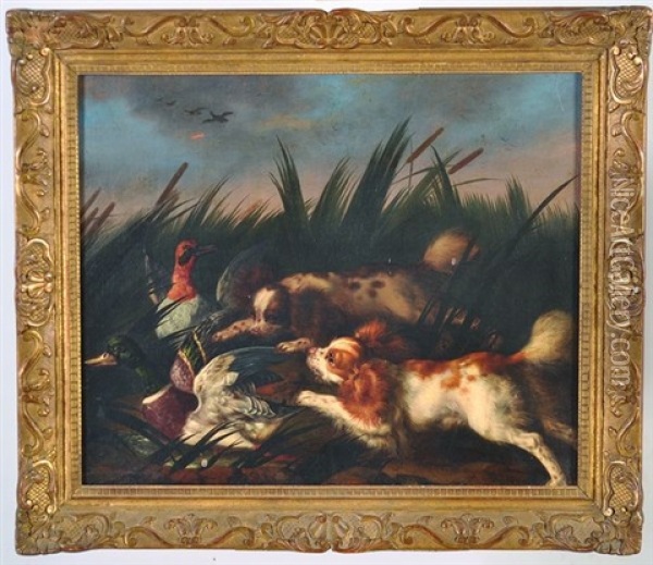 Chiens Poursuivant Des Canards Parmi Des Roseaux Oil Painting - Nicasius Bernaerts