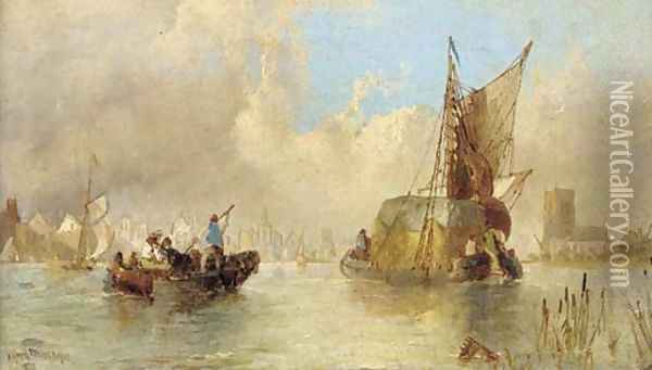 A hay barge and other vessels at a riverside town Oil Painting - Alfred Montague