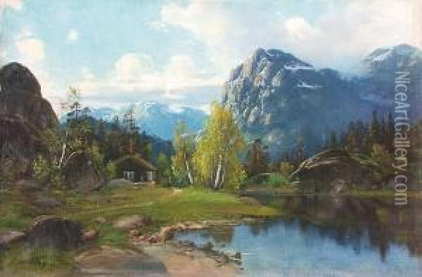 Tommerhytte I Fjellandskap 1899 1899 Oil Painting - Conrad Selmyhr