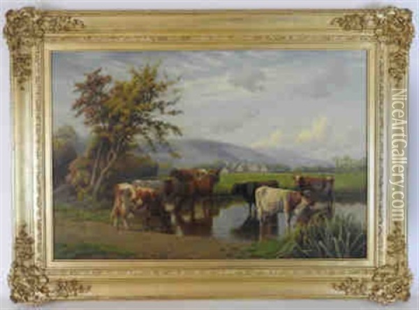 Cattle Watering In A Stream Oil Painting - William Sidney Cooper