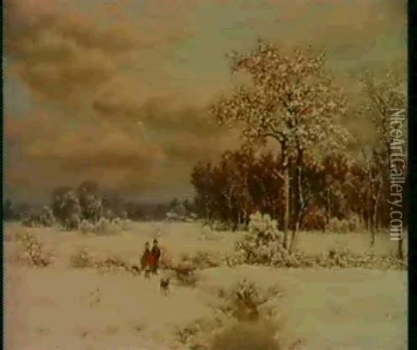 Children In Snowy Landscape Oil Painting - William Mason Brown