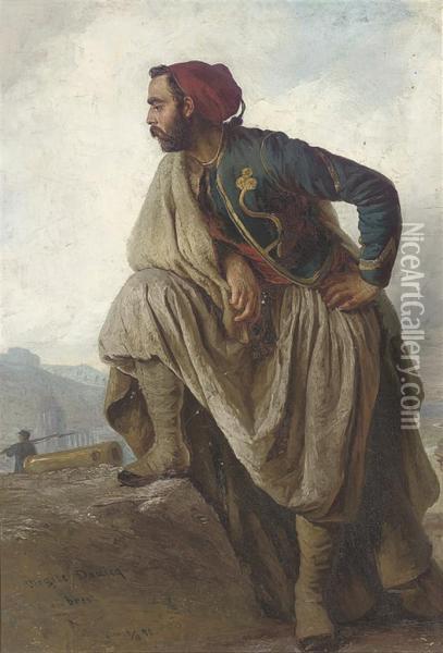 French Tirailleur Algerien Standing On The City Battlements Oil Painting - Virgile Dhuicq