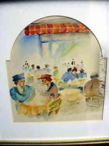School: Impressionistic Watercolour Figures Seated Outside A Cafe, 25 Cm X 23 Cm, Framed Oil Painting - Corrado Giaquinto