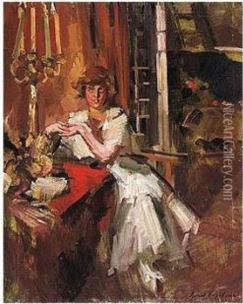 Young Girl In An Interior Oil Painting - Konstantin Alexeievitch Korovin