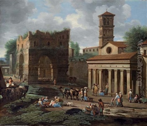 The Arch Of Janus, Rome, With The Church Of San Giorgio In Velabro Oil Painting - Jacob van Huchtenburg