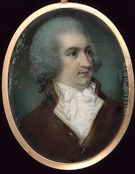 A Gentleman, Wearing Brown Jacket, Yellow Striped Waistcoat, White Stock And Powdered Wig Oil Painting - Samuel Shelley
