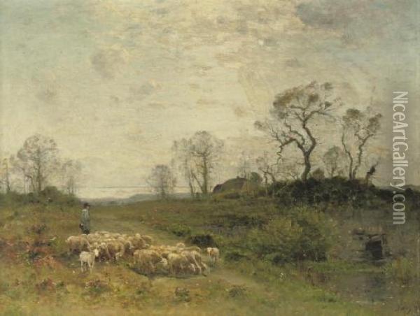 Leading The Sheep Across A Flowering Meadow Oil Painting - Louis-Aime Japy