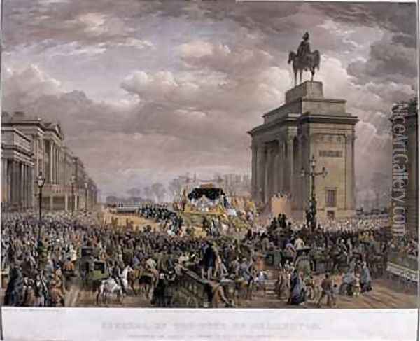 The Duke of Wellingtons 1769-1852 funeral car passing the Archway at Apsley House on 18th November 1852 Oil Painting - Louis Haghe