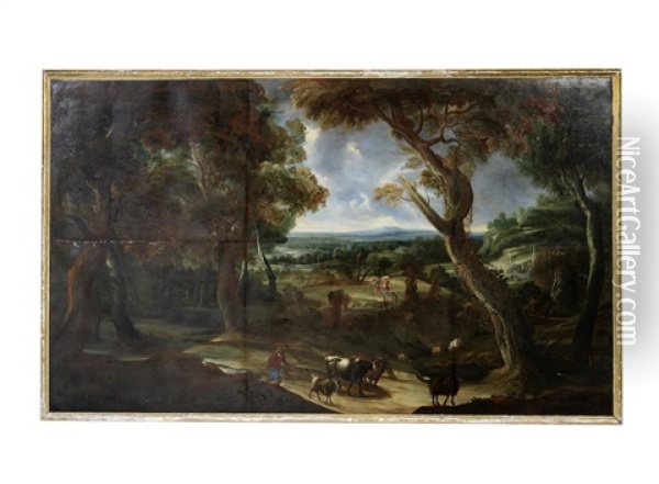 An Extensive Landscape With A Drover And His Herd Oil Painting - Frans Wouters