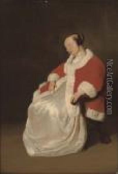 A Lady Asleep In A Chair, In A Red Coat With Ermine Trim Oil Painting - Gabriel Metsu