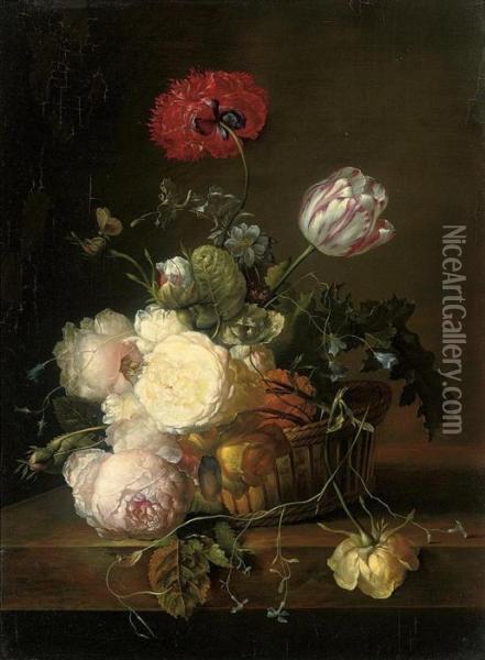 Tulips, Roses, Peonies, Jasmin, 
Convulvulus, Poppies And Other Summer Blooms In A Basket On A Ledge Oil Painting - Jan Frans Van Dael