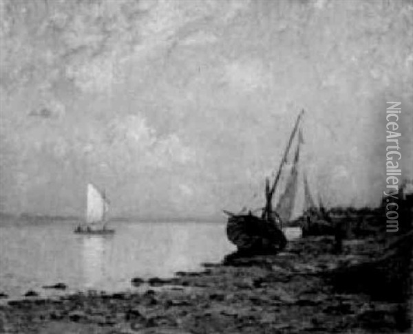 Boote Am Strand Bei Einem Hafen Im Abendrot Oil Painting - Joseph Felix Bouchor