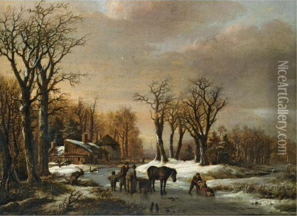 A Winter Landscape With Skaters And Figures By A Horse Sledge On The Ice Oil Painting - Barend Cornelis Koekkoek
