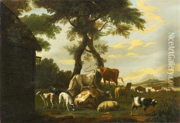 Herd Of Cattle By A Barn Oil Painting - Jan van Gool