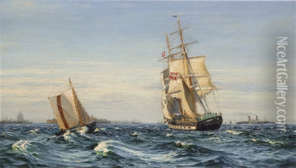 Frigate And Paddle Steamer In Front Of Kronborg Oil Painting - Vilhelm Karl Ferdinand Arnesen