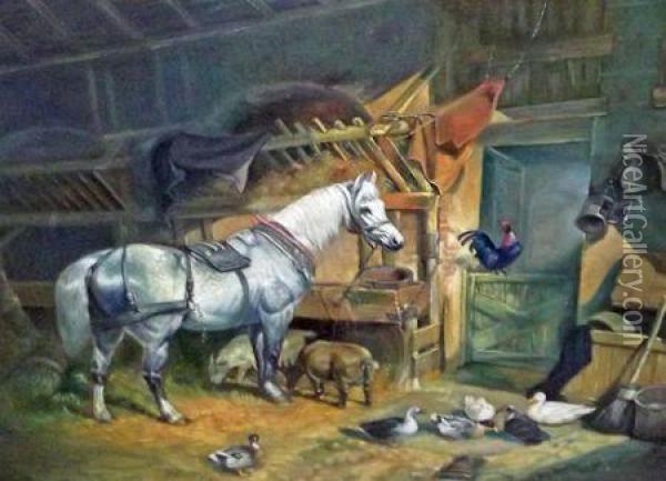 Stable Interiorwith Horse And Farm Animals Oil Painting - John Frederick Herring Snr