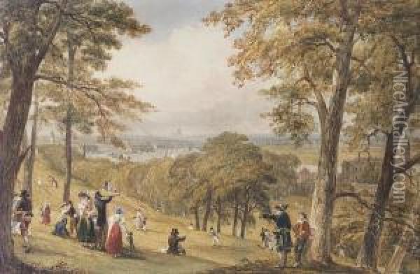 London From Greenwich Park With 
The Old Royal Naval College To The Right, The Royal Observatory To The 
Left And St. Paul's Cathedral On The Central Horizon Oil Painting - William Havell