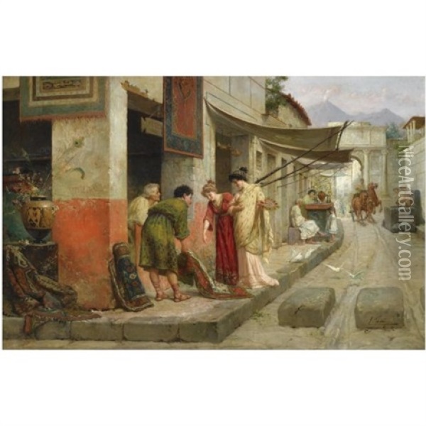 Carpet Merchant In Pompeii Oil Painting - Ettore Forti