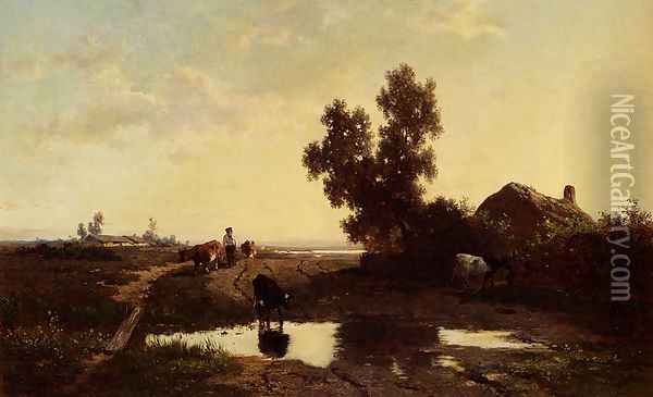 A Cowherd And His Cattle At Sunset Oil Painting - Willem Roelofs