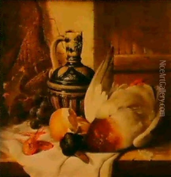 A Mallard, A Jug, A Peeled Lemon, Grapes And Shrimps On A   Draped Ledge Oil Painting - Edward Ladell