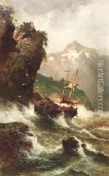 An Felsiger Kuste Gestrandetes Fischerboot Oil Painting - Adolf Kaufmann