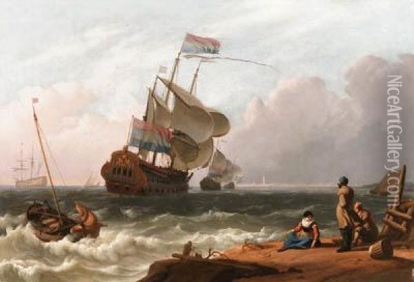 A Dutch Man-of-war In A Stiff Breeze With Fisherfolk In Theforeground Oil Painting - Ludolf Backhuysen