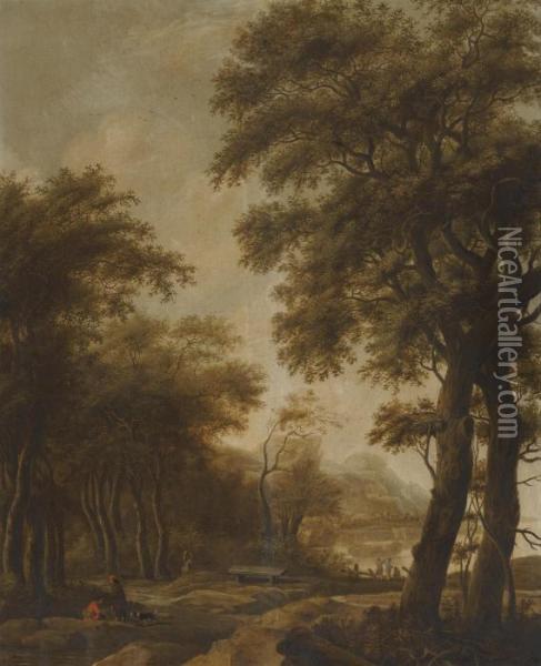 Figures In A Wooded River Landscape Oil Painting - Anthonie Waterloo