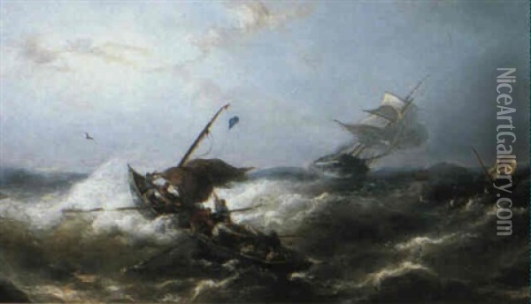 Ships Being Tossed Around At Sea Oil Painting - Nicolaas Riegen