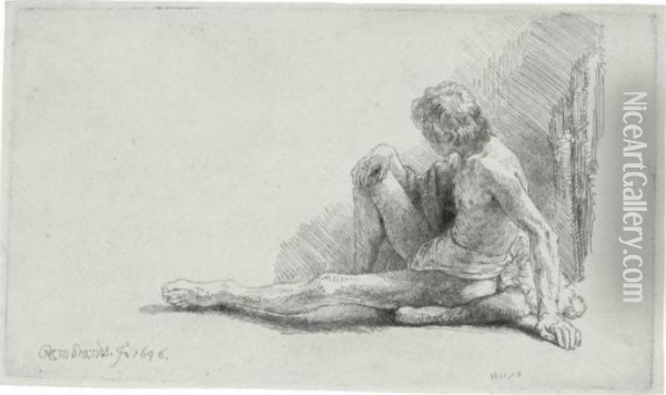 Nude Man Seated On The Ground With One Leg Extended (b., Holl. 196; H. 221; Bb. 46-c) Oil Painting - Rembrandt Van Rijn