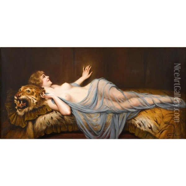 Recumbant Nude On Tiger Skin Rug Oil Painting - Francois Martin-Kavel