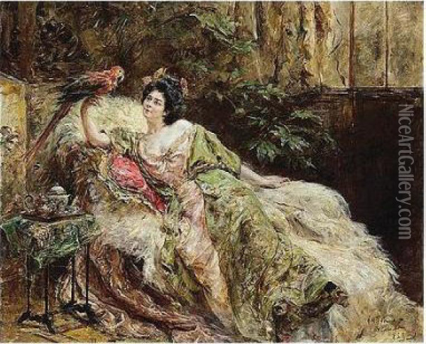 Dama Y Papagayo (woman With A Parrot) Oil Painting - Eduardo Leon Garrido